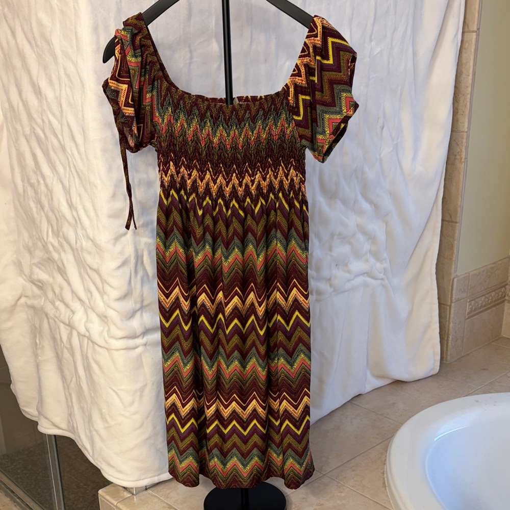 Boho Chevron Midi Dress in Burgundy and Olive